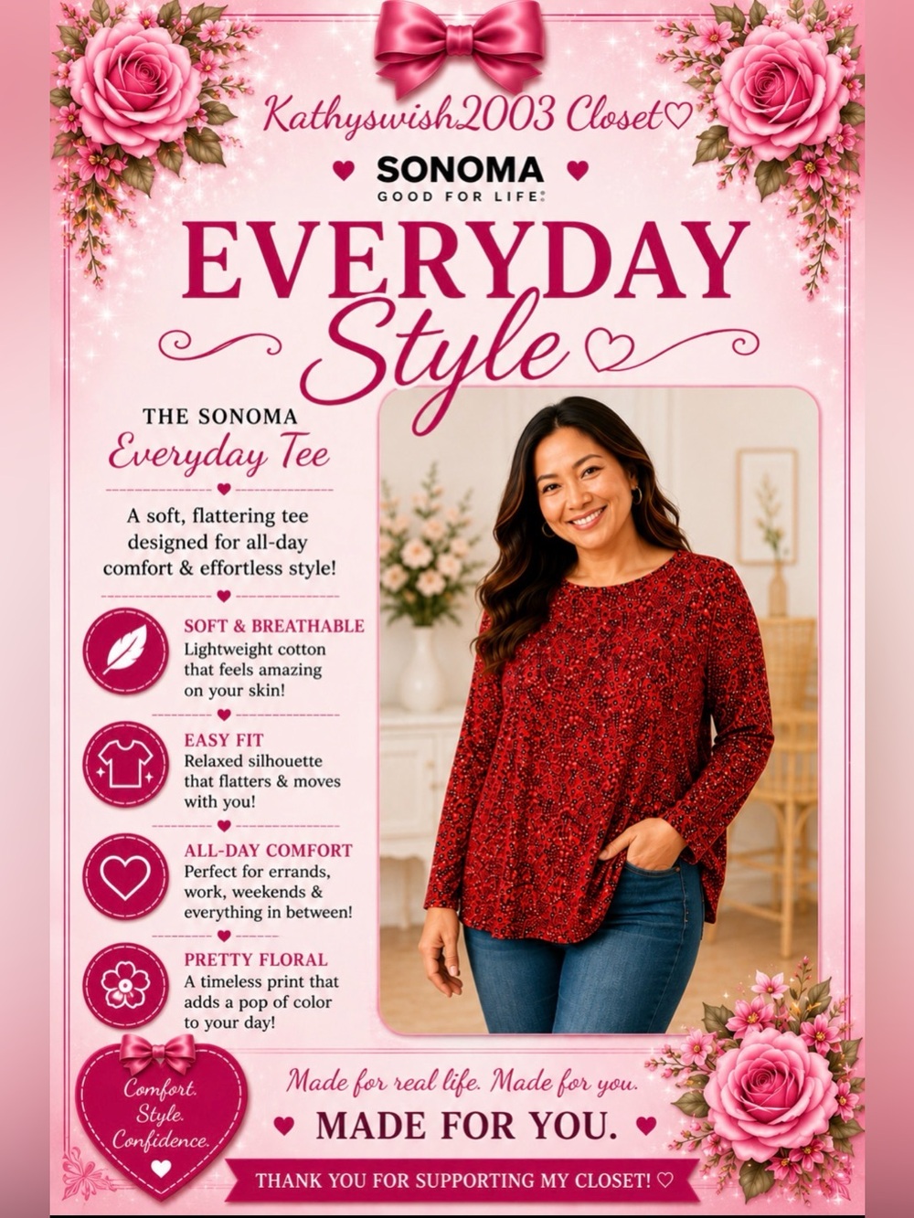 Sonoma Everyday Crew Floral Long Sleeve Tee Shirt
